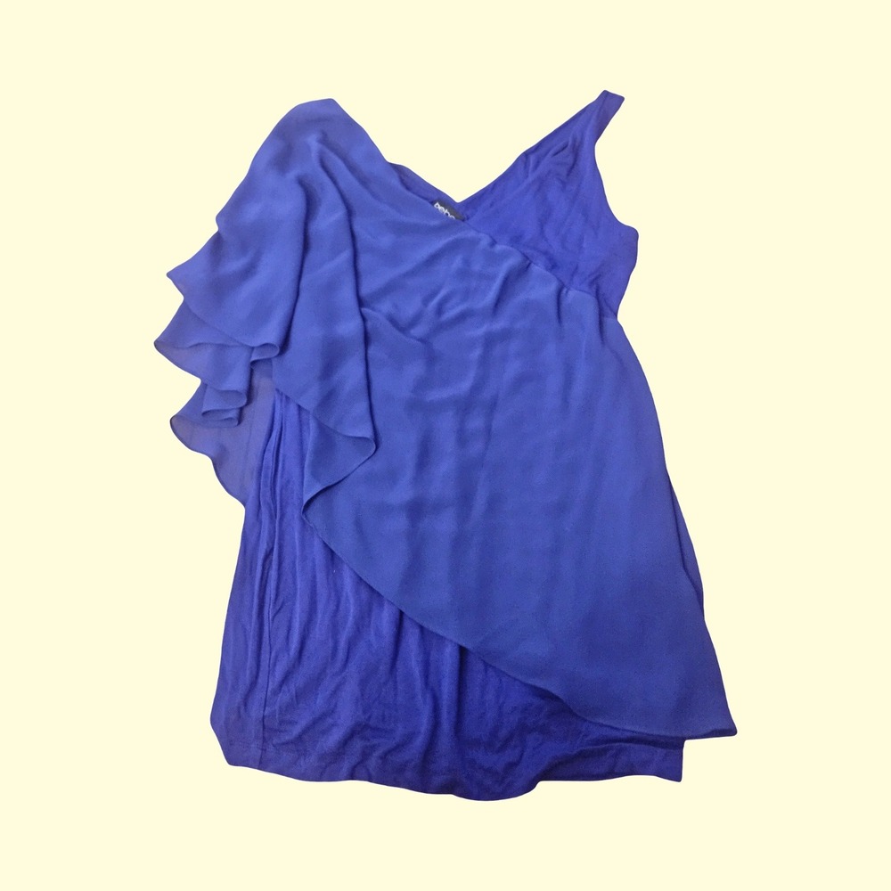 Bebe Royal Blue Asymmetrical Ruffle Draped Chiffon‎ Sleeveless Top Large